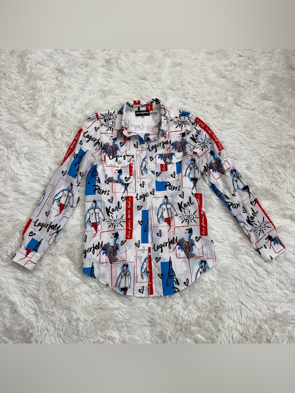 Women’s XXS White Karl Lagerfeld Paris Long Sleeve Button Down Blouse Top